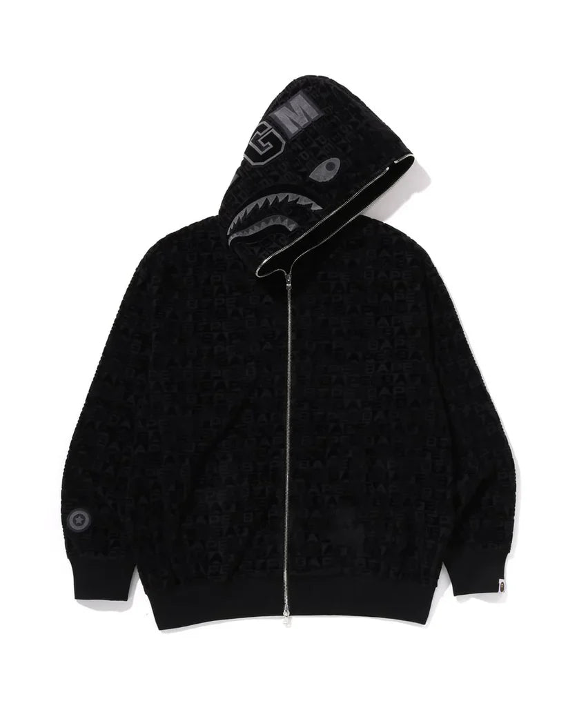 BAPE Logo Monogram Velour Shark Full Zip Hoodie Black