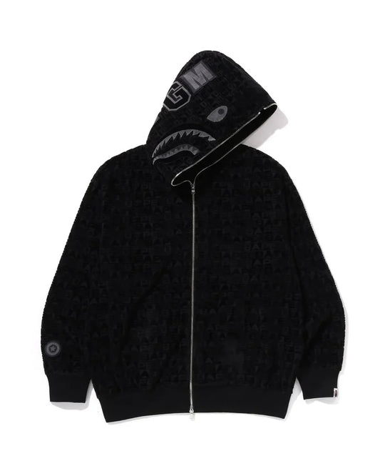 BAPE Logo Monogram Velour Shark Full Zip Hoodie Black