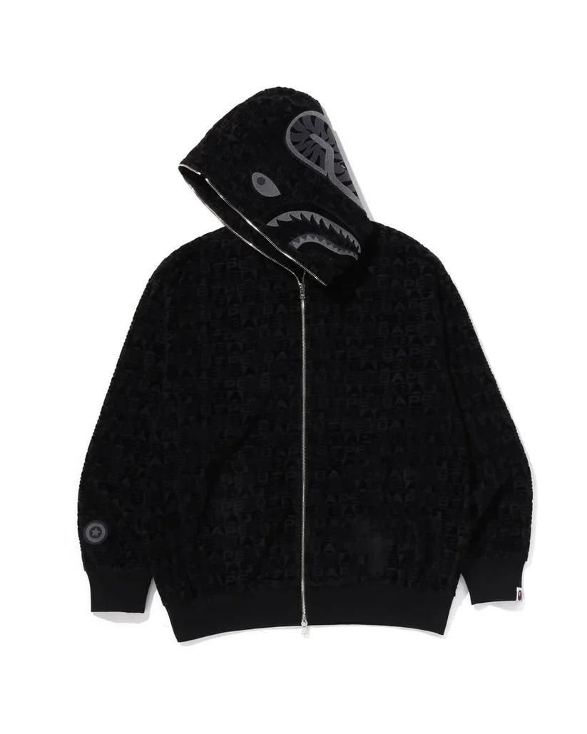 BAPE Logo Monogram Velour Shark Full Zip Hoodie Black