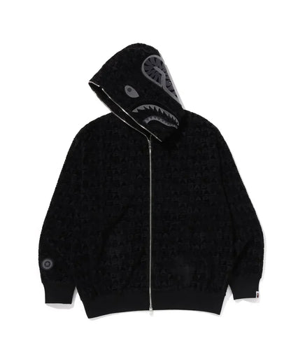 BAPE Logo Monogram Velour Shark Full Zip Hoodie Black