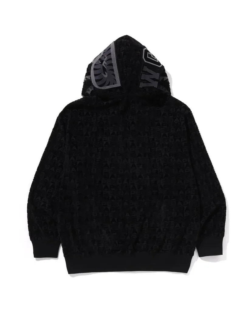 BAPE Logo Monogram Velour Shark Full Zip Hoodie Black