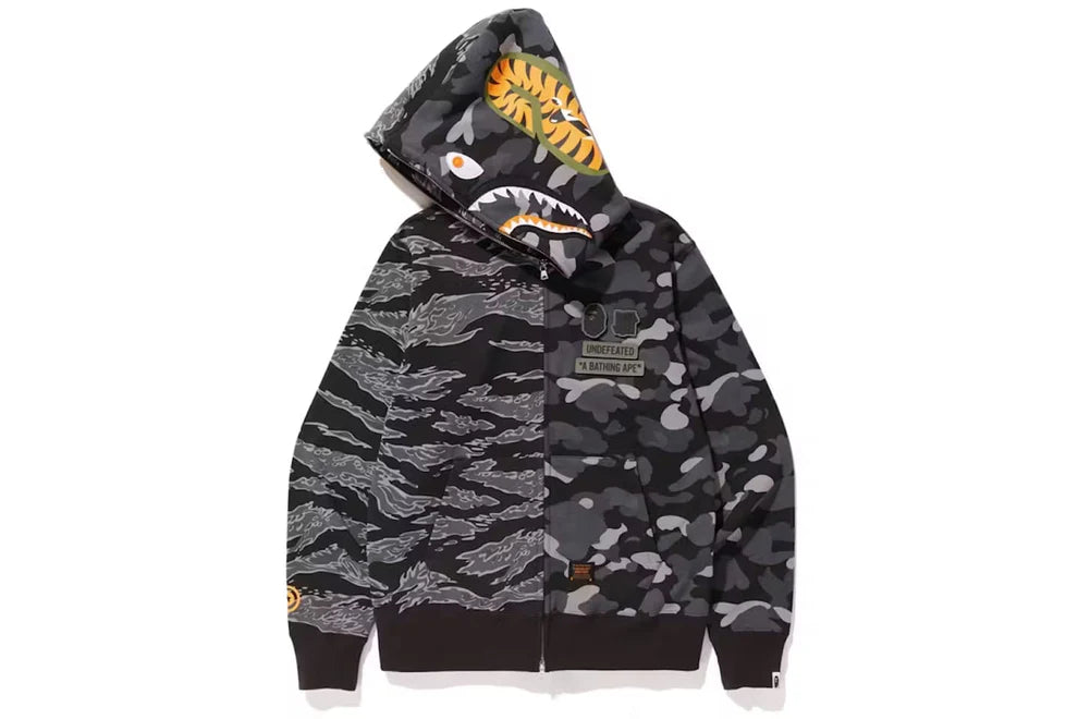 Bape x Undefeated Tiger Shark Half Full Zip Hoodie Black