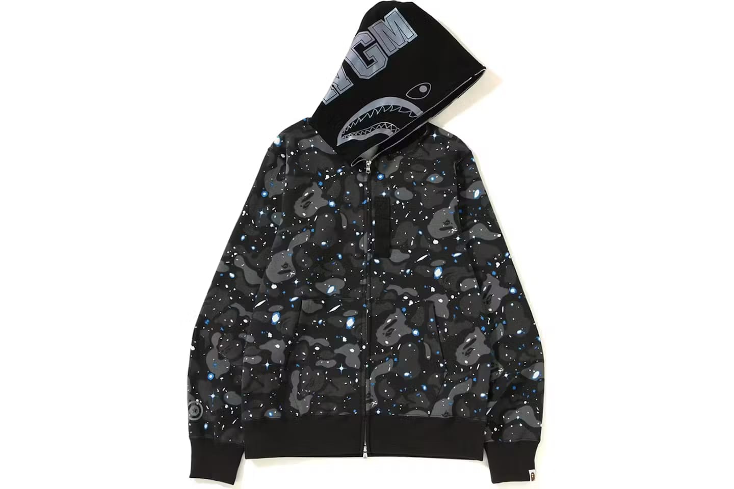 Bape Space Camo WGM Shark Black Full Zip Hoodie Glow in Dark
