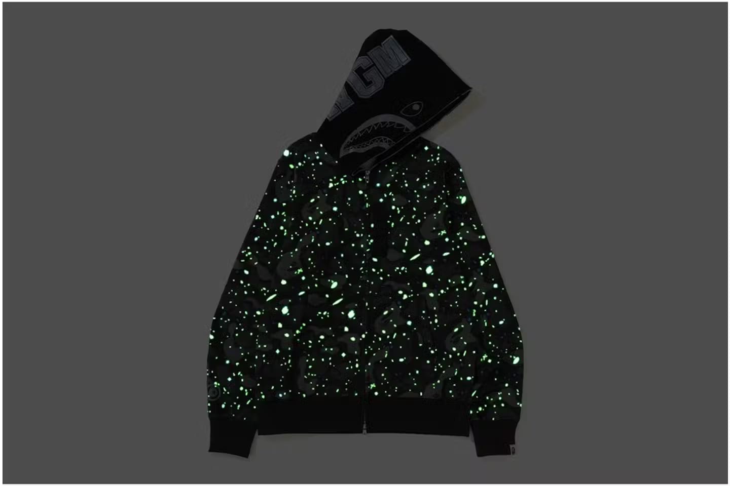 Bape Space Camo WGM Shark Black Full Zip Hoodie Glow in Dark