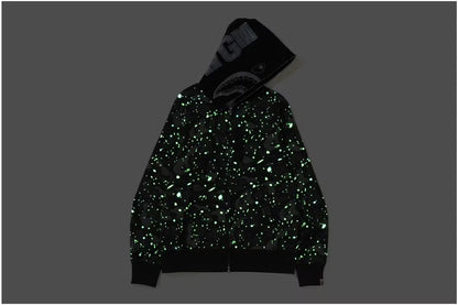 Bape Space Camo WGM Shark Black Full Zip Hoodie Glow in Dark