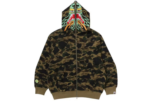 Bape x CLOT Camo Shark Full Zip Hoodie Green