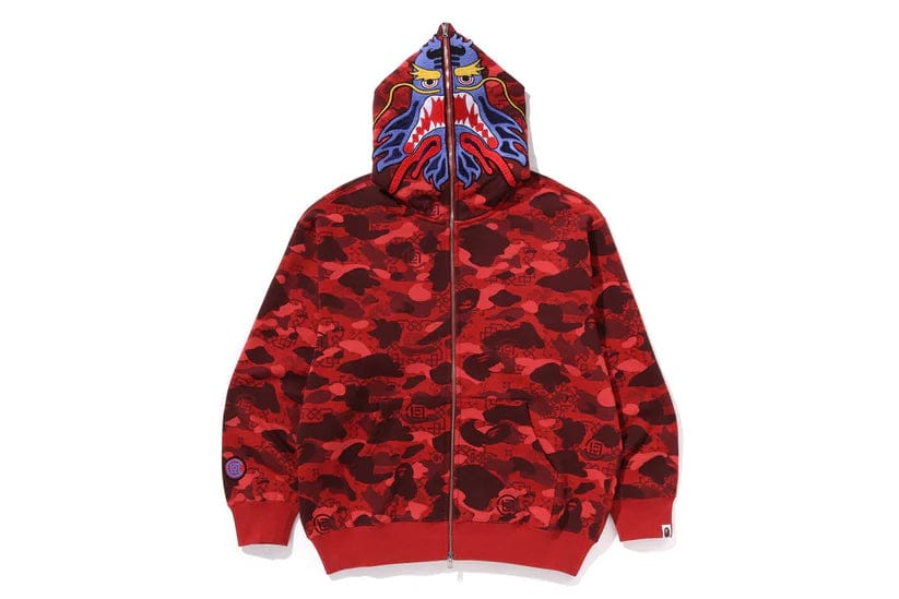 Bape x CLOT Camo Shark Full Zip Hoodie Red