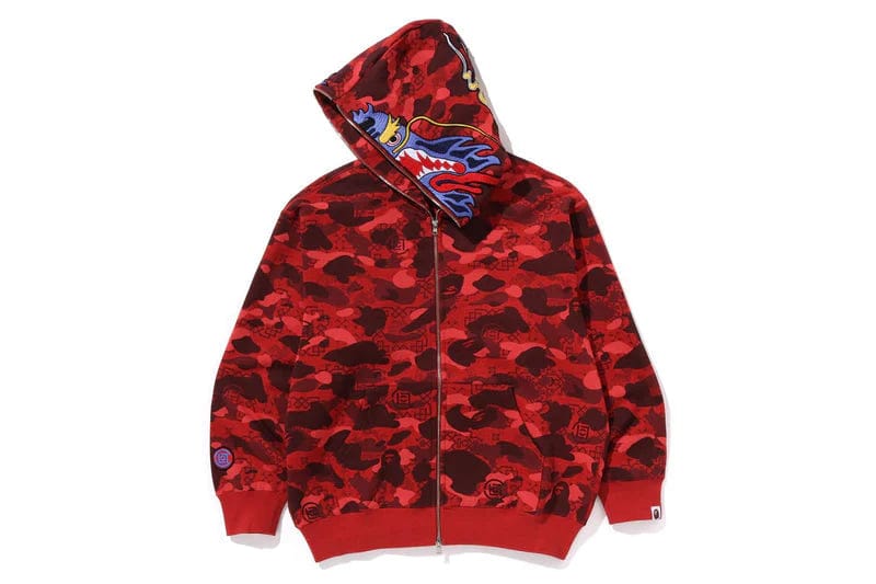 Bape x CLOT Camo Shark Full Zip Hoodie Red