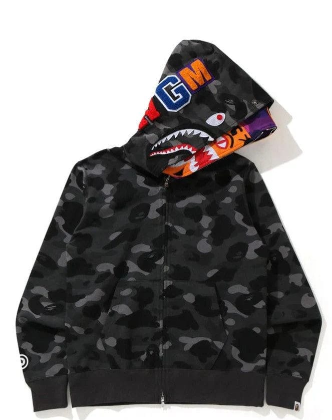 Bape Color Camo Tiger Shark Wide Full Zip Double Hoodie Black