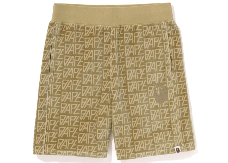 Bape Logo Monogram Velour Shorts Beige