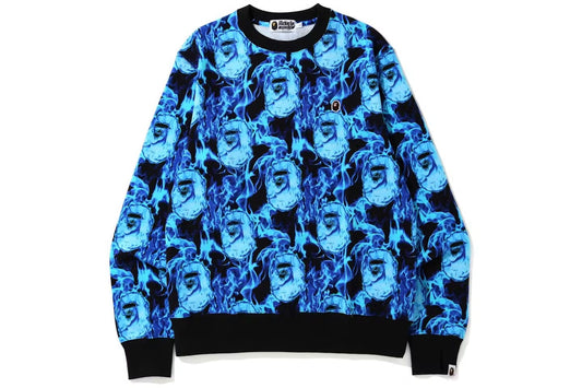 Bape Flame Wide Crewneck Blue