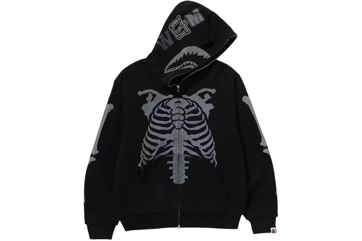 BAPE Skeleton Shark Heavy Washed Cropped Full Zip Hoodie Black
