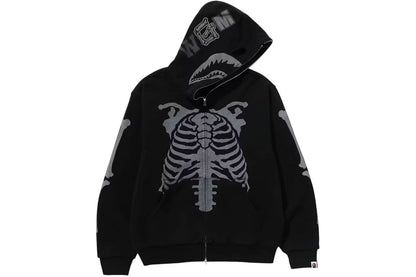 BAPE Skeleton Shark Heavy Washed Cropped Full Zip Hoodie Black