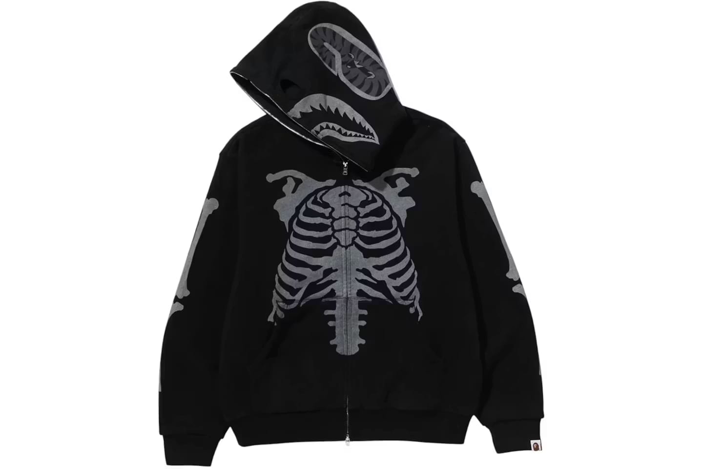 BAPE Skeleton Shark Heavy Washed Cropped Full Zip Hoodie Black