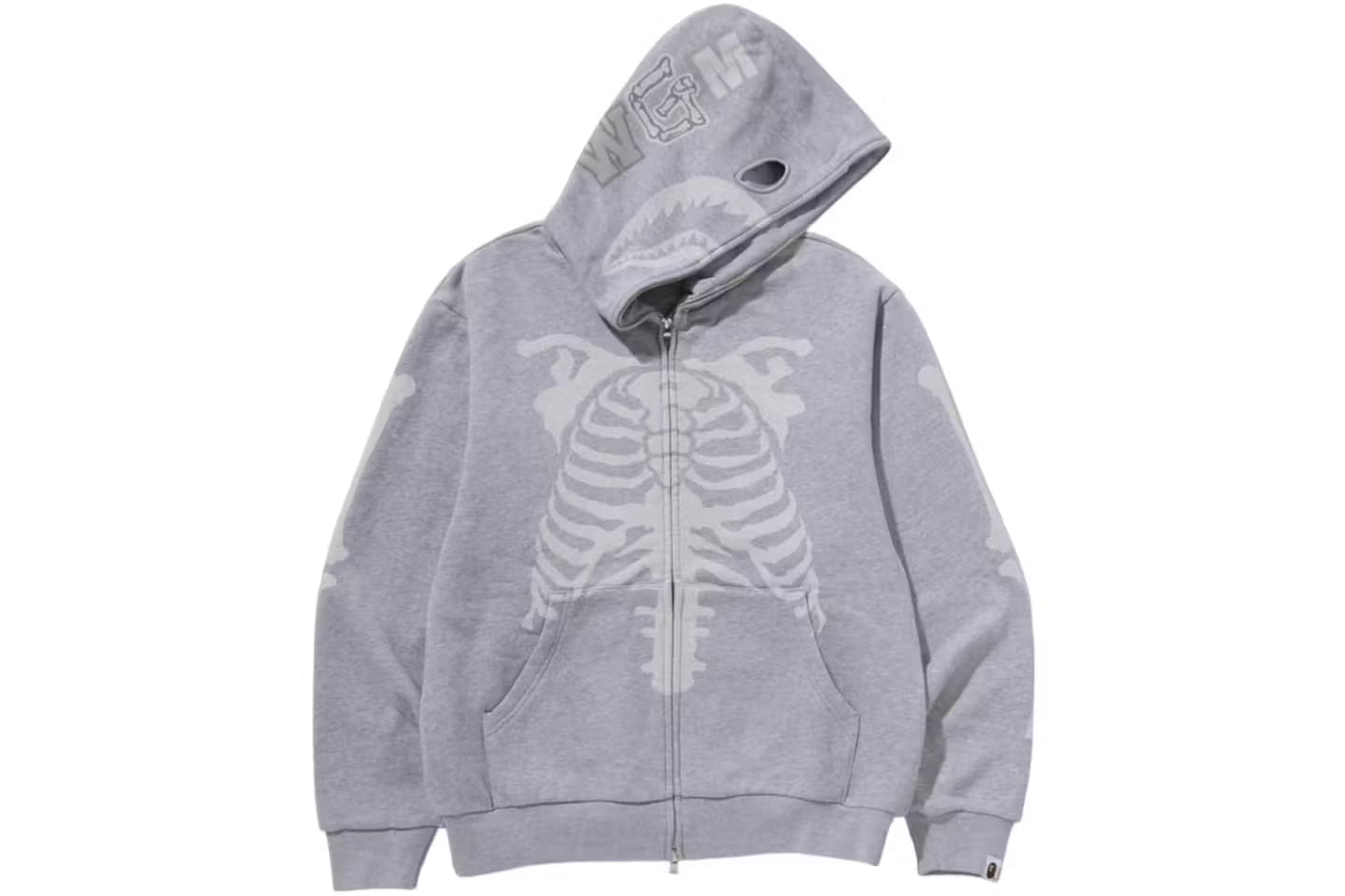 BAPE Skeleton Shark Heavy Washed Cropped Full Zip Hoodie Grey