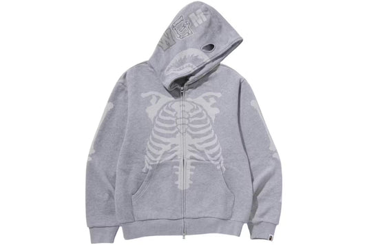 BAPE Skeleton Shark Heavy Washed Cropped Full Zip Hoodie Grey